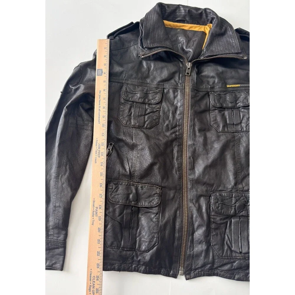 Superdry Men's Black Leather Brad Moto Logo Bomber Jacket Size Large